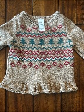 Carter's Beige Knit Sweater with Teal and Red Fair Isle Accents